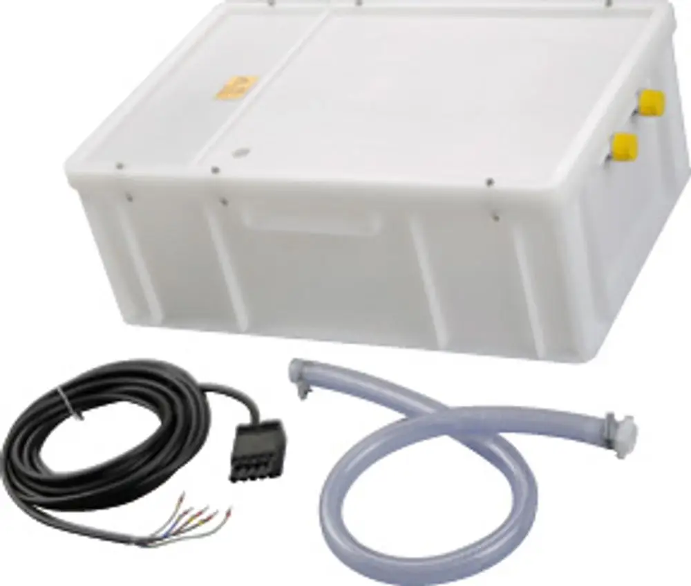 Weißer Neutralisationsbehälter mit Pumpe und einem Anschluss für Schläuche. Enthält elektrisches Kabel mit mehreren Adern. Produkt von Bosch.